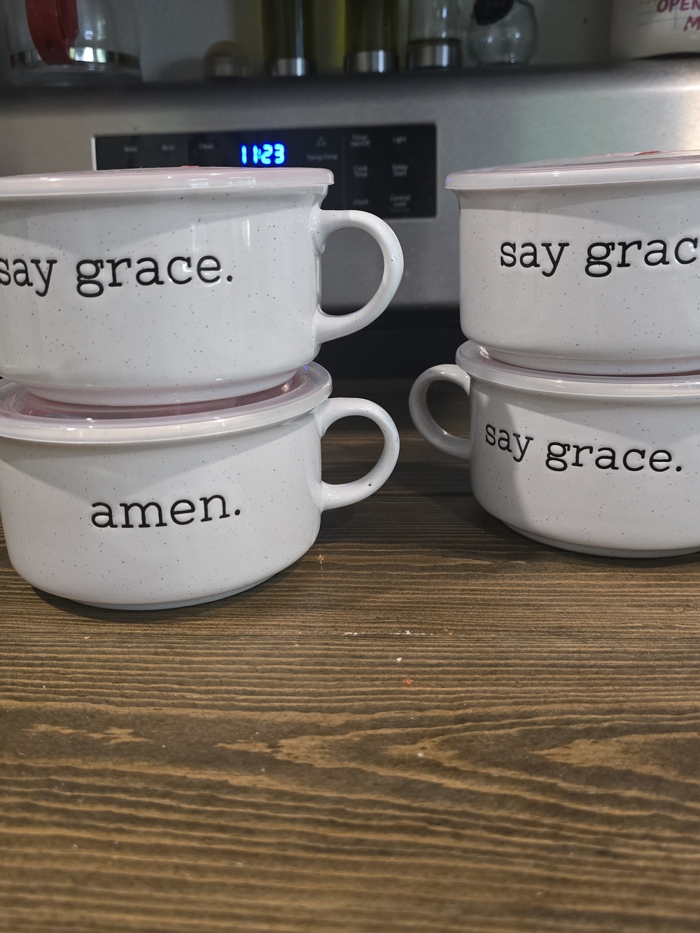 White 'Say Grace' Ceramic Soup Mugs with Lids - Set of 4